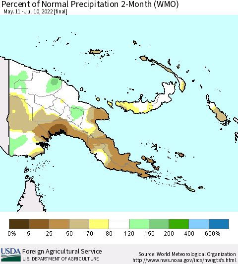 Papua New Guinea Percent of Normal Precipitation 2-Month (WMO) Thematic Map For 5/11/2022 - 7/10/2022