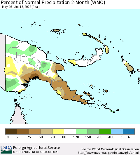 Papua New Guinea Percent of Normal Precipitation 2-Month (WMO) Thematic Map For 5/16/2022 - 7/15/2022