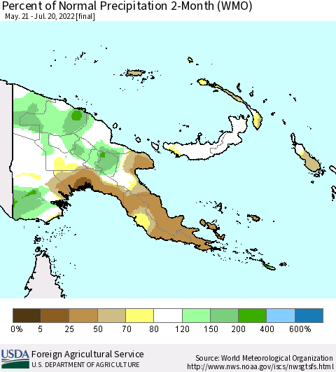 Papua New Guinea Percent of Normal Precipitation 2-Month (WMO) Thematic Map For 5/21/2022 - 7/20/2022