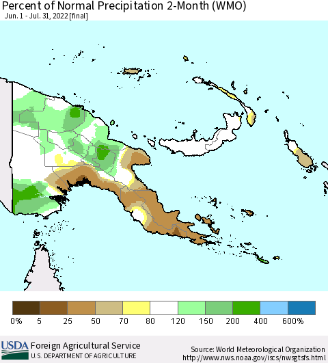 Papua New Guinea Percent of Normal Precipitation 2-Month (WMO) Thematic Map For 6/1/2022 - 7/31/2022