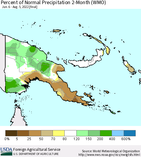 Papua New Guinea Percent of Normal Precipitation 2-Month (WMO) Thematic Map For 6/6/2022 - 8/5/2022
