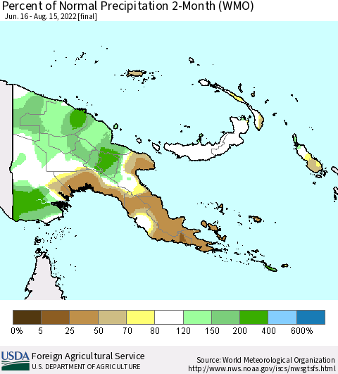 Papua New Guinea Percent of Normal Precipitation 2-Month (WMO) Thematic Map For 6/16/2022 - 8/15/2022