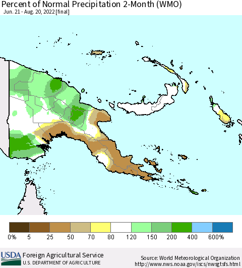 Papua New Guinea Percent of Normal Precipitation 2-Month (WMO) Thematic Map For 6/21/2022 - 8/20/2022