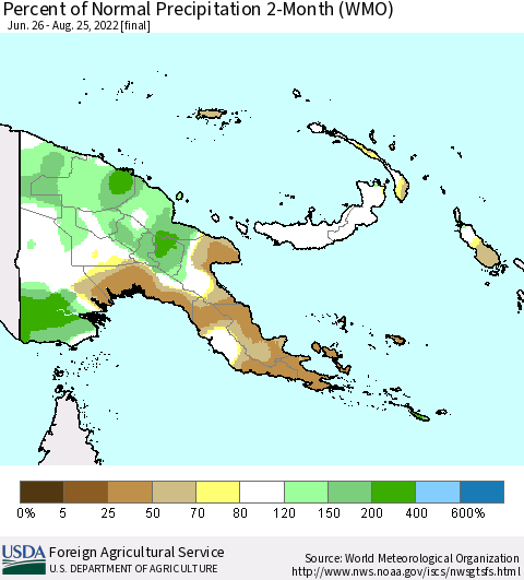 Papua New Guinea Percent of Normal Precipitation 2-Month (WMO) Thematic Map For 6/26/2022 - 8/25/2022
