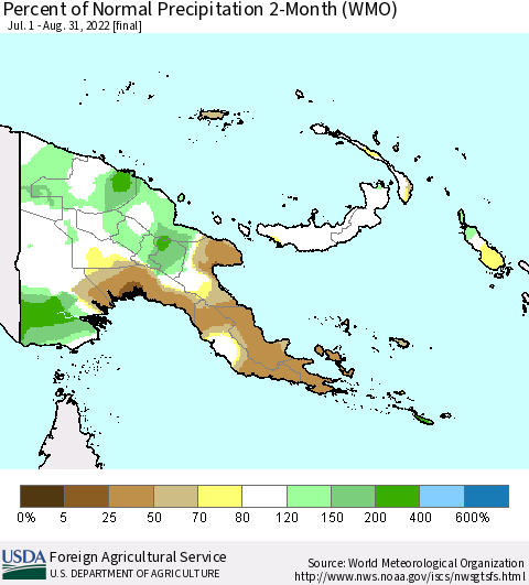 Papua New Guinea Percent of Normal Precipitation 2-Month (WMO) Thematic Map For 7/1/2022 - 8/31/2022