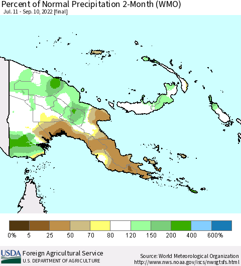 Papua New Guinea Percent of Normal Precipitation 2-Month (WMO) Thematic Map For 7/11/2022 - 9/10/2022