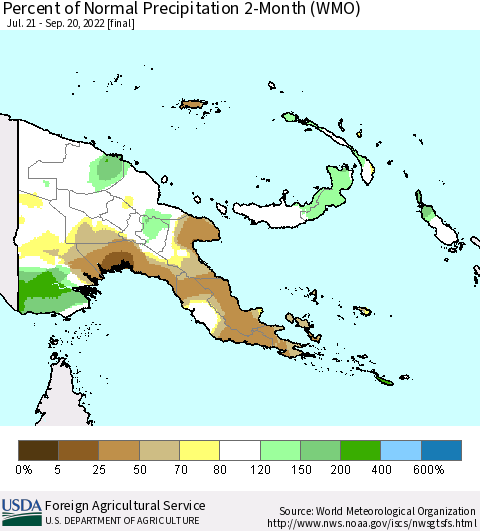 Papua New Guinea Percent of Normal Precipitation 2-Month (WMO) Thematic Map For 7/21/2022 - 9/20/2022