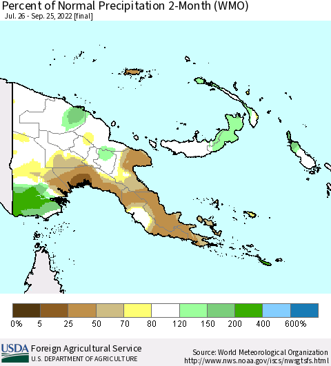 Papua New Guinea Percent of Normal Precipitation 2-Month (WMO) Thematic Map For 7/26/2022 - 9/25/2022