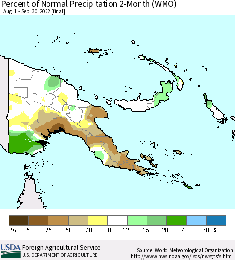 Papua New Guinea Percent of Normal Precipitation 2-Month (WMO) Thematic Map For 8/1/2022 - 9/30/2022