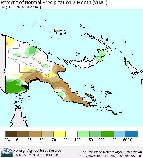 Papua New Guinea Percent of Normal Precipitation 2-Month (WMO) Thematic Map For 8/11/2022 - 10/10/2022