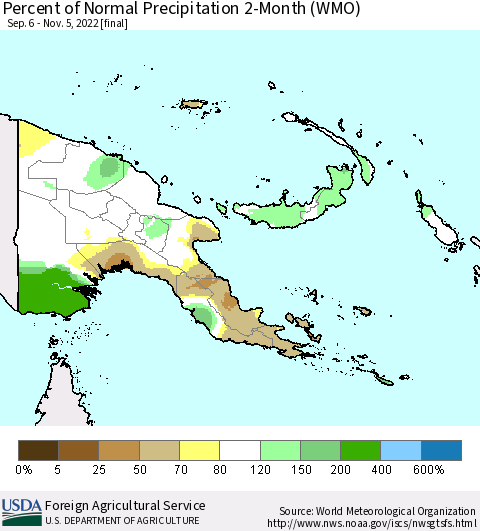 Papua New Guinea Percent of Normal Precipitation 2-Month (WMO) Thematic Map For 9/6/2022 - 11/5/2022