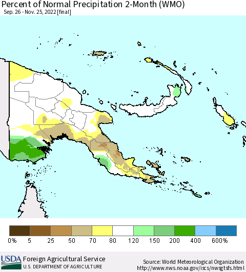 Papua New Guinea Percent of Normal Precipitation 2-Month (WMO) Thematic Map For 9/26/2022 - 11/25/2022