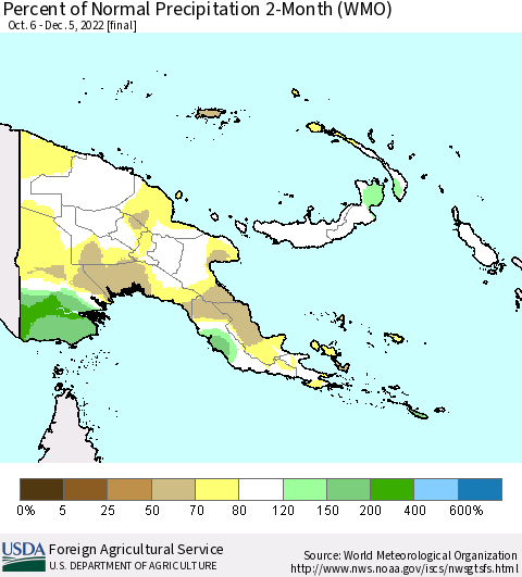 Papua New Guinea Percent of Normal Precipitation 2-Month (WMO) Thematic Map For 10/6/2022 - 12/5/2022
