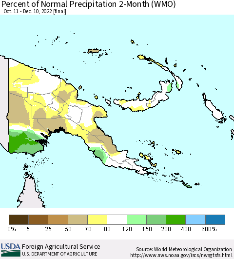 Papua New Guinea Percent of Normal Precipitation 2-Month (WMO) Thematic Map For 10/11/2022 - 12/10/2022