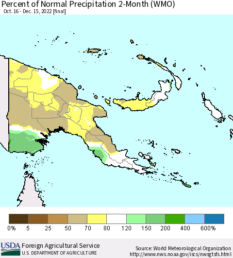 Papua New Guinea Percent of Normal Precipitation 2-Month (WMO) Thematic Map For 10/16/2022 - 12/15/2022