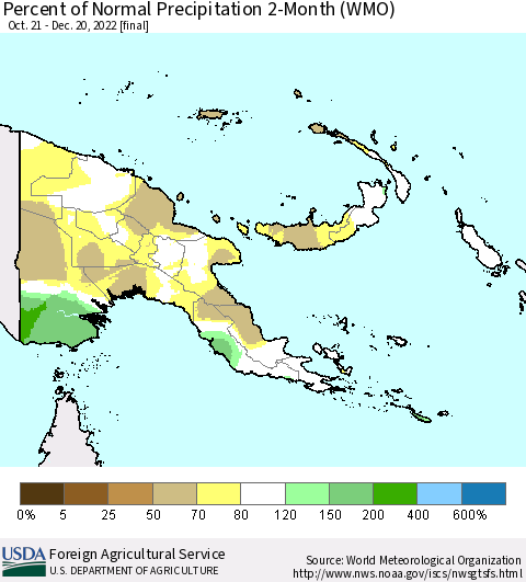 Papua New Guinea Percent of Normal Precipitation 2-Month (WMO) Thematic Map For 10/21/2022 - 12/20/2022
