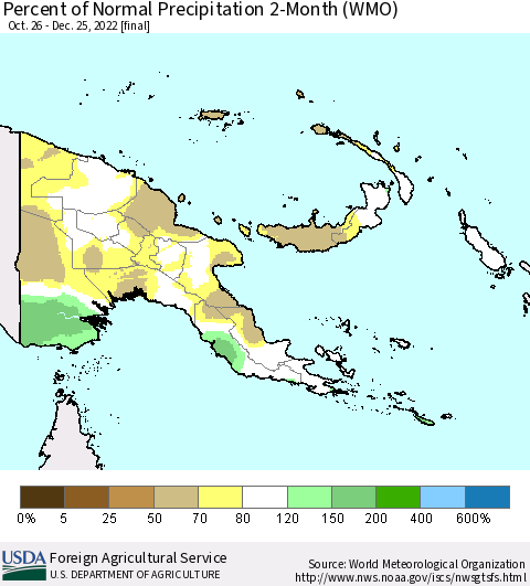 Papua New Guinea Percent of Normal Precipitation 2-Month (WMO) Thematic Map For 10/26/2022 - 12/25/2022
