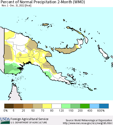 Papua New Guinea Percent of Normal Precipitation 2-Month (WMO) Thematic Map For 11/1/2022 - 12/31/2022