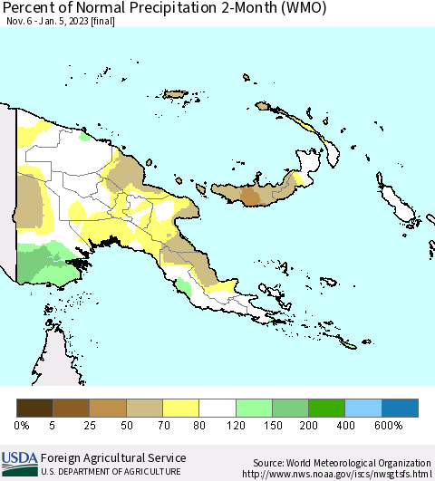 Papua New Guinea Percent of Normal Precipitation 2-Month (WMO) Thematic Map For 11/6/2022 - 1/5/2023