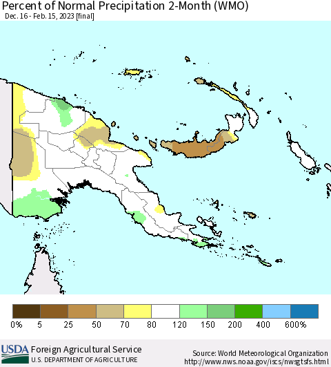 Papua New Guinea Percent of Normal Precipitation 2-Month (WMO) Thematic Map For 12/16/2022 - 2/15/2023