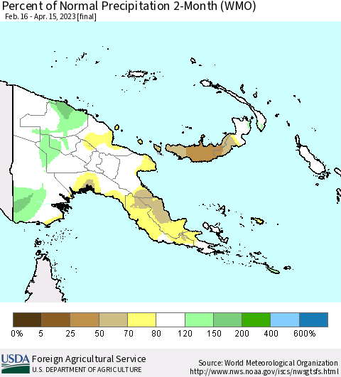 Papua New Guinea Percent of Normal Precipitation 2-Month (WMO) Thematic Map For 2/16/2023 - 4/15/2023