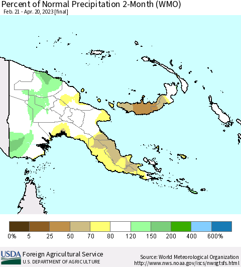 Papua New Guinea Percent of Normal Precipitation 2-Month (WMO) Thematic Map For 2/21/2023 - 4/20/2023