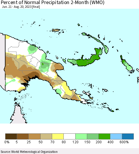 Papua New Guinea Percent of Normal Precipitation 2-Month (WMO) Thematic Map For 6/21/2023 - 8/20/2023