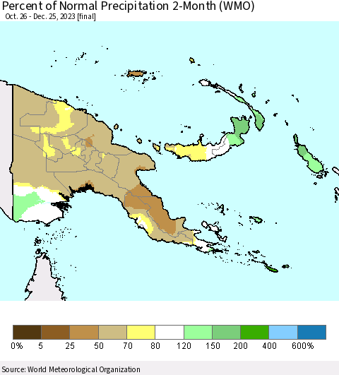 Papua New Guinea Percent of Normal Precipitation 2-Month (WMO) Thematic Map For 10/26/2023 - 12/25/2023