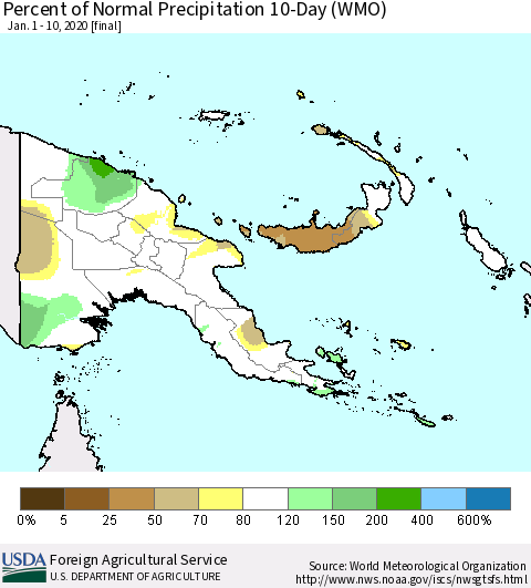 Papua New Guinea Percent of Normal Precipitation 10-Day (WMO) Thematic Map For 1/1/2020 - 1/10/2020