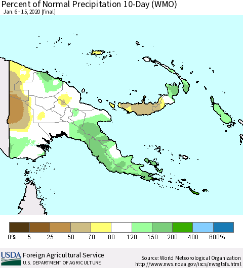 Papua New Guinea Percent of Normal Precipitation 10-Day (WMO) Thematic Map For 1/6/2020 - 1/15/2020