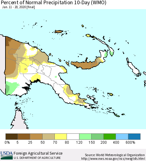 Papua New Guinea Percent of Normal Precipitation 10-Day (WMO) Thematic Map For 1/11/2020 - 1/20/2020
