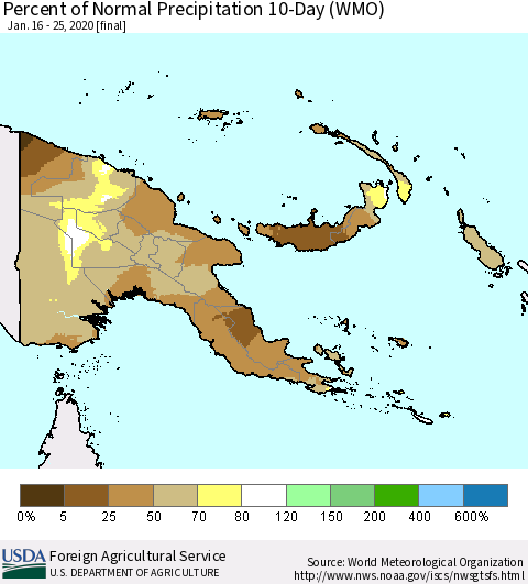 Papua New Guinea Percent of Normal Precipitation 10-Day (WMO) Thematic Map For 1/16/2020 - 1/25/2020