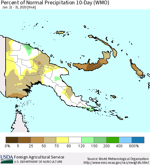 Papua New Guinea Percent of Normal Precipitation 10-Day (WMO) Thematic Map For 1/21/2020 - 1/31/2020