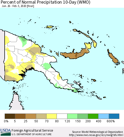 Papua New Guinea Percent of Normal Precipitation 10-Day (WMO) Thematic Map For 1/26/2020 - 2/5/2020