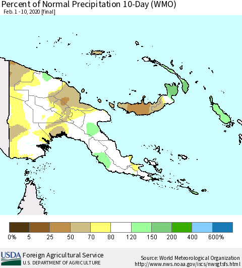 Papua New Guinea Percent of Normal Precipitation 10-Day (WMO) Thematic Map For 2/1/2020 - 2/10/2020