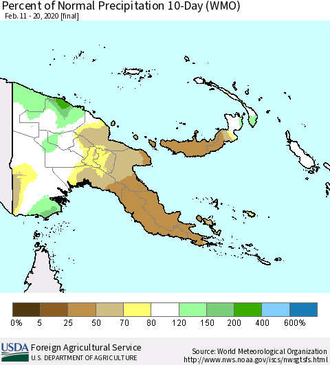 Papua New Guinea Percent of Normal Precipitation 10-Day (WMO) Thematic Map For 2/11/2020 - 2/20/2020