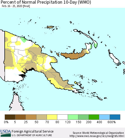 Papua New Guinea Percent of Normal Precipitation 10-Day (WMO) Thematic Map For 2/16/2020 - 2/25/2020