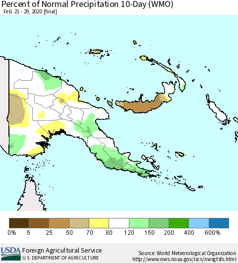 Papua New Guinea Percent of Normal Precipitation 10-Day (WMO) Thematic Map For 2/21/2020 - 2/29/2020