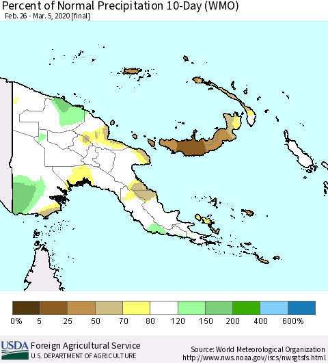Papua New Guinea Percent of Normal Precipitation 10-Day (WMO) Thematic Map For 2/26/2020 - 3/5/2020