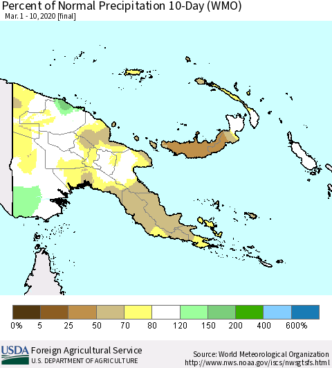Papua New Guinea Percent of Normal Precipitation 10-Day (WMO) Thematic Map For 3/1/2020 - 3/10/2020