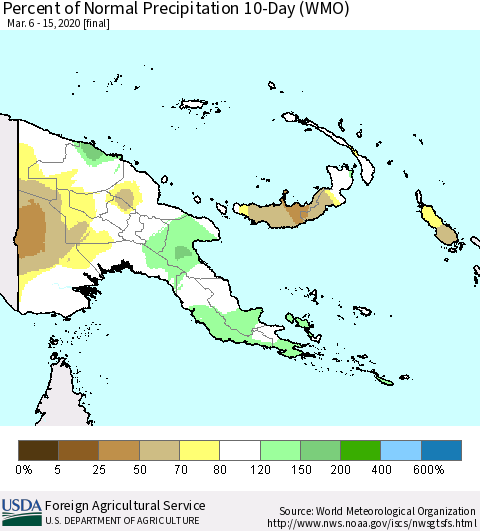 Papua New Guinea Percent of Normal Precipitation 10-Day (WMO) Thematic Map For 3/6/2020 - 3/15/2020