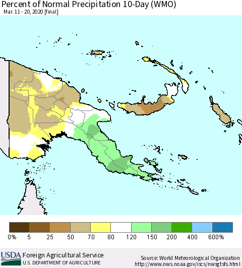 Papua New Guinea Percent of Normal Precipitation 10-Day (WMO) Thematic Map For 3/11/2020 - 3/20/2020