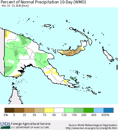 Papua New Guinea Percent of Normal Precipitation 10-Day (WMO) Thematic Map For 3/16/2020 - 3/25/2020
