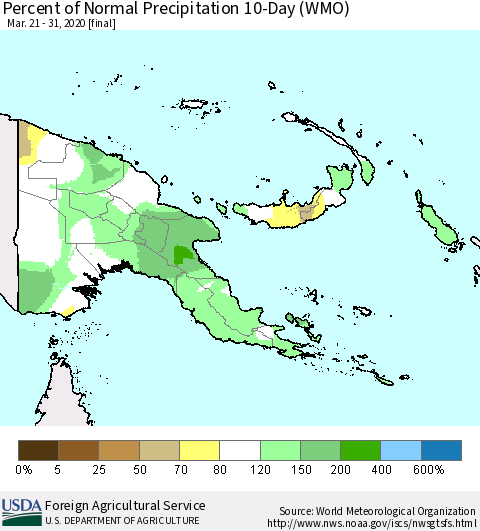 Papua New Guinea Percent of Normal Precipitation 10-Day (WMO) Thematic Map For 3/21/2020 - 3/31/2020