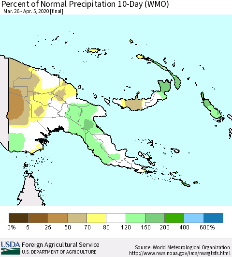 Papua New Guinea Percent of Normal Precipitation 10-Day (WMO) Thematic Map For 3/26/2020 - 4/5/2020