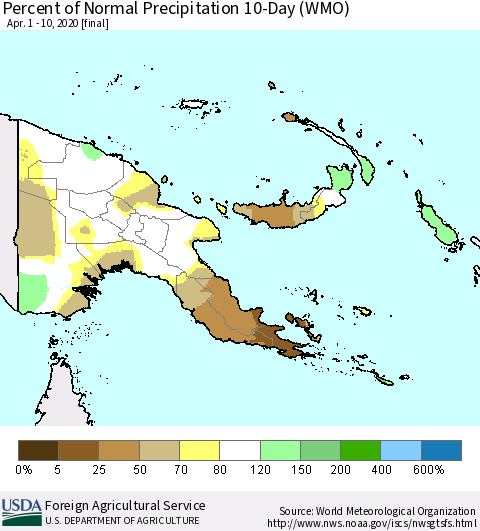 Papua New Guinea Percent of Normal Precipitation 10-Day (WMO) Thematic Map For 4/1/2020 - 4/10/2020