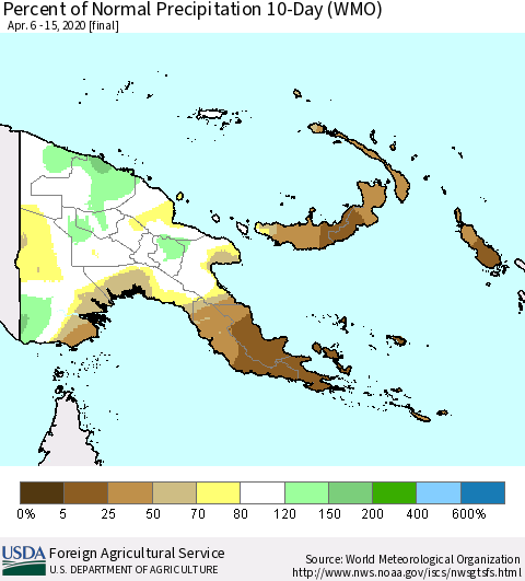 Papua New Guinea Percent of Normal Precipitation 10-Day (WMO) Thematic Map For 4/6/2020 - 4/15/2020