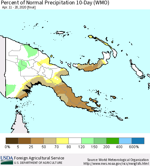 Papua New Guinea Percent of Normal Precipitation 10-Day (WMO) Thematic Map For 4/11/2020 - 4/20/2020