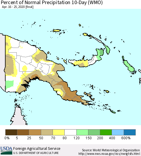 Papua New Guinea Percent of Normal Precipitation 10-Day (WMO) Thematic Map For 4/16/2020 - 4/25/2020