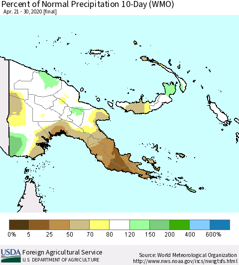Papua New Guinea Percent of Normal Precipitation 10-Day (WMO) Thematic Map For 4/21/2020 - 4/30/2020